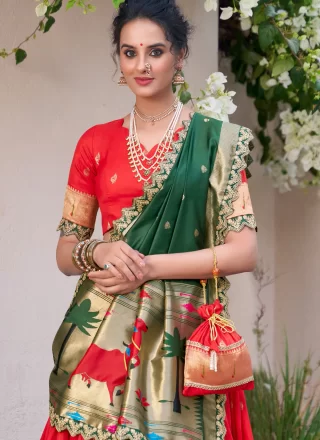 Red Jacquard Silk Embroidered, Lace, Sequins, Thread, Weaving and Zari Work A - Line Lehenga Choli for Ceremonial