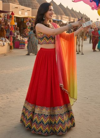 Red Lace and Print Work Faux Georgette Lehenga Choli