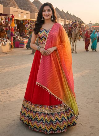 Red Lace and Print Work Faux Georgette Lehenga Choli