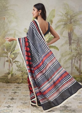 Red Muslin Contemporary Saree with Print Work for Casual