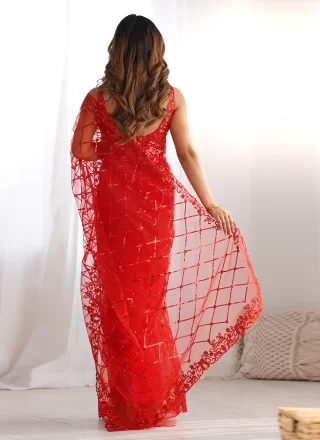 Red Net Classic Sari with Embroidered and Sequins Work for Casual