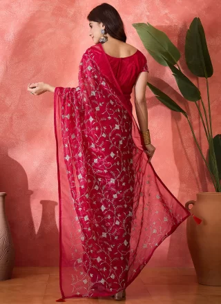 Red Net Contemporary Saree with Embroidered and Sequins Work for Women