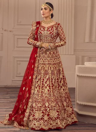 Red Net  Designer Gown with Diamond, Embroidered and Zari Work