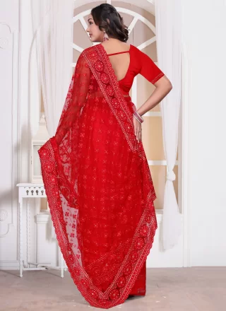 Red Net Designer Saree with Diamond, Embroidered, Resham, Zari and Zircon Work for Ceremonial