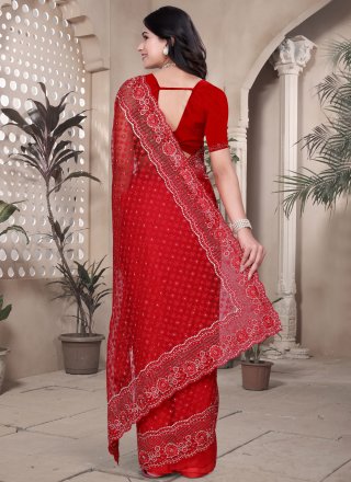 Red Net Diamond, Embroidered, Resham, Zari and Zircon Work Designer Saree