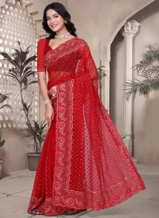 Red Net Diamond, Embroidered, Resham, Zari and Zircon Work Designer Saree