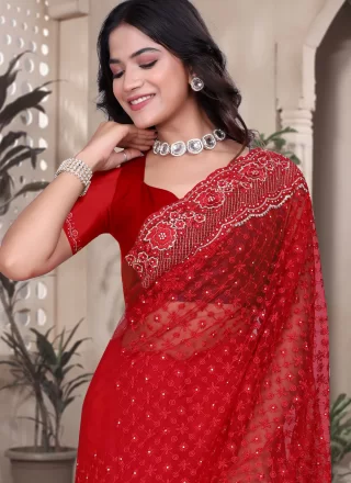 Red Net Diamond, Embroidered, Resham, Zari and Zircon Work Designer Saree