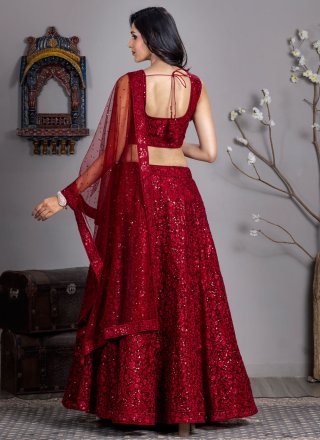 Red Net Embroidered, Sequins and Thread Work Readymade Lehenga Choli for Engagement