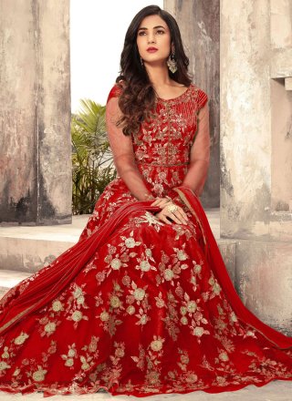 Red Net Floral Patch, Thread and Zari Work Floor Length Salwar Suit