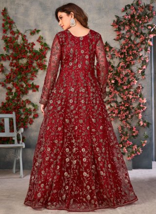 Red Net Pant Style Suit with Embroidered, Sequins, Thread and Zari Work for Mehndi