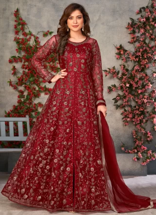 Red Net Pant Style Suit with Embroidered, Sequins, Thread and Zari Work for Mehndi
