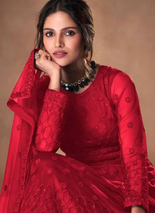 Red Net Sequins and Zari Work Salwar Suit for Ceremonial