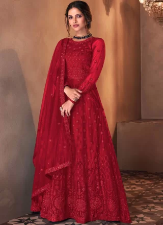 Red Net Sequins and Zari Work Salwar Suit for Ceremonial