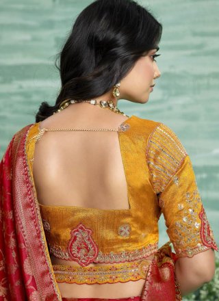 Red Patch Border, Embroidered, Lace, Weaving and Zari Work Silk Classic Sari