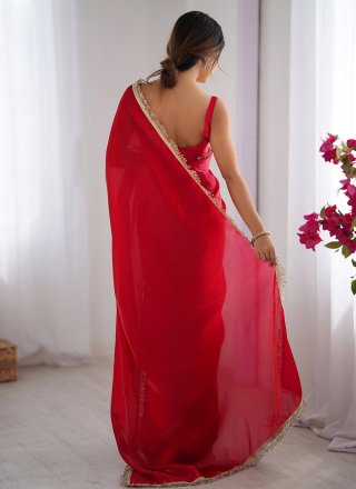 Red Patch Border, Lace and Sequins Work Satin Contemporary Saree