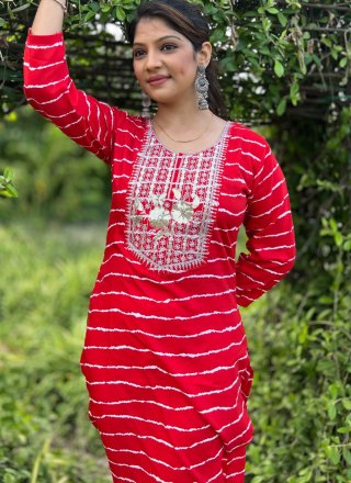 Red Rayon Casual Kurti with Embroidered and Print Work