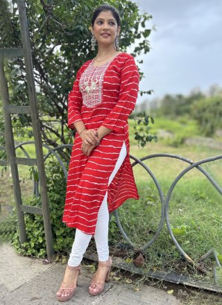 Red Rayon Casual Kurti with Embroidered and Print Work