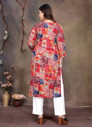 Red Rayon Print Work Designer Kurti