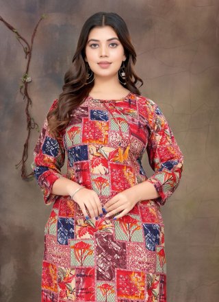 Red Rayon Print Work Designer Kurti
