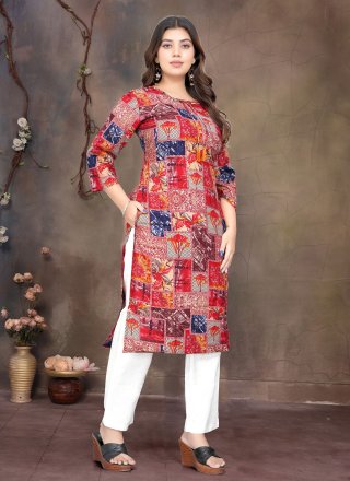 Red Rayon Print Work Designer Kurti