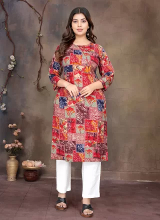 Red Rayon Print Work Designer Kurti