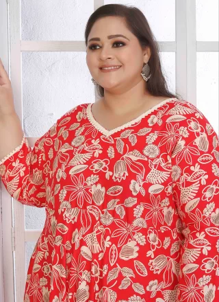 Red Rayon Print Work Floor Length Kurti