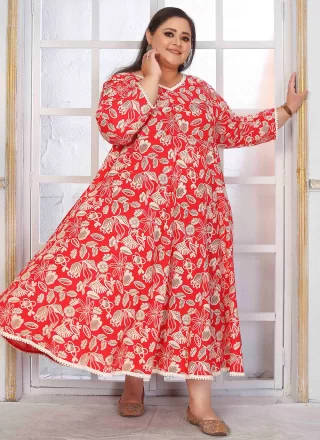 Red Rayon Print Work Floor Length Kurti