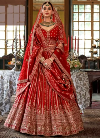 Red Silk A - Line Lehenga Choli with Embroidered, Pearls, Sequins, Thread, Weaving and Zari Work