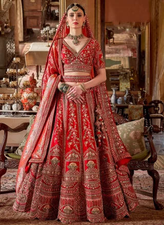 Red Silk A - Line Lehenga Choli with Embroidered, Pearls, Sequins, Thread, Weaving and Zari Work