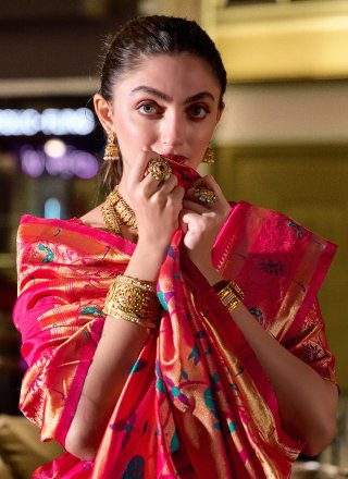 Red Silk Blend Jacquard and Zari Work Contemporary Sari