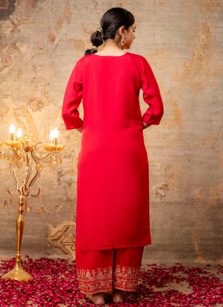 Red Silk Blend Readymade Salwar Suit with Embroidered and Zari Work for Ceremonial
