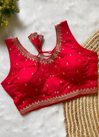 Red Silk Blouse with Embroidered and Zari Work for Women