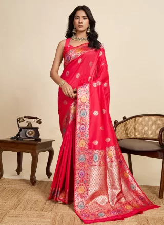 Red Silk Classic Saree with Jacquard and Woven Work