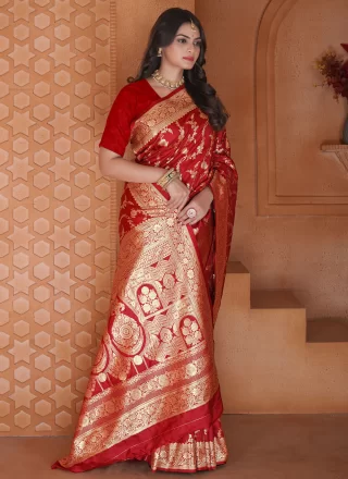 Red Silk Classic Saree with Weaving Work