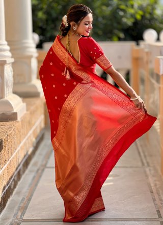 Red Silk Contemporary Saree with Meenakari, Weaving and Zari Work for Ceremonial