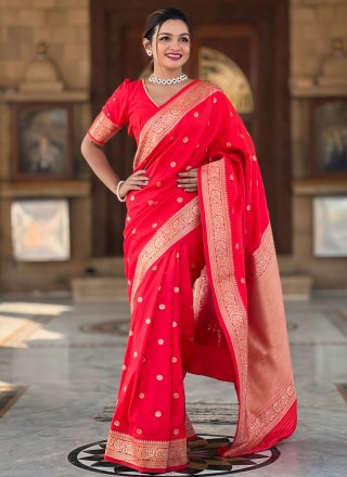 Red Silk Contemporary Saree with Meenakari, Weaving and Zari Work for Ceremonial