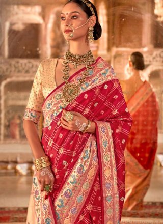 Red Silk Contemporary Sari with Bandhej Work for Ceremonial
