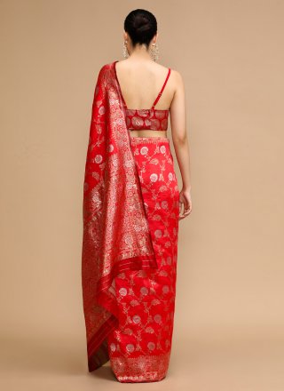 Red Silk Contemporary Sari with Jacquard and Woven Work for Casual