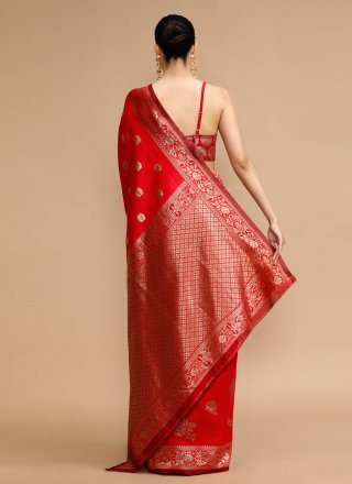 Red Silk Contemporary Sari with Jacquard and Woven Work