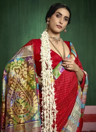 Red Silk Contemporary Sari with Print Work for Ceremonial