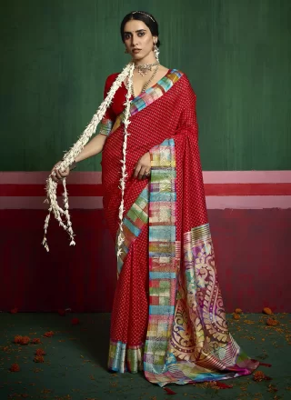 Red Silk Contemporary Sari with Print Work for Ceremonial