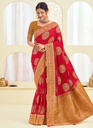 Red Silk Designer Saree with Cut, Embroidered and Jacquard Work