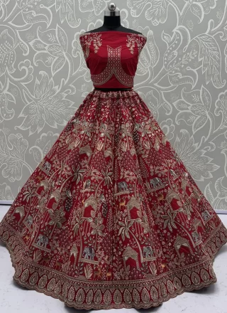 Red Silk Diamond, Dori, Embroidered, Multi, Sequins, Thread and Zari Work A - Line Lehenga Choli