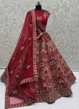 Red Silk Diamond, Dori, Embroidered, Multi, Sequins, Thread and Zari Work A - Line Lehenga Choli