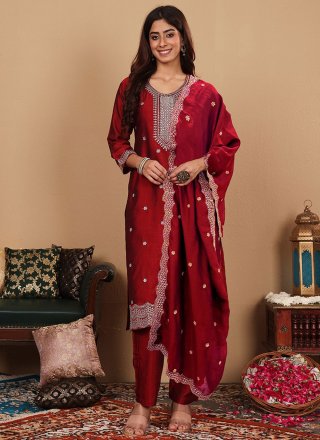 Red Silk Embroidered and Zari Work Salwar Suit