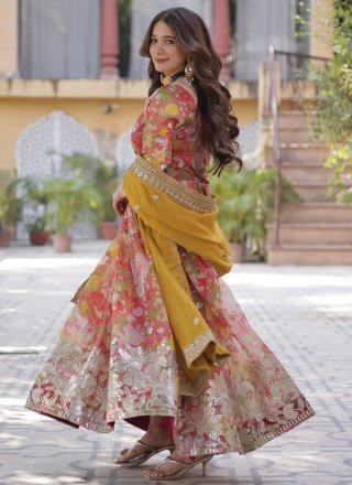 Red Silk Embroidered, Foil Print, Sequins and Zari Work  Designer Gown