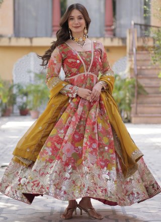 Red Silk Embroidered, Foil Print, Sequins and Zari Work  Designer Gown