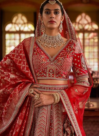 Red Silk Embroidered, Pearls, Sequins, Thread, Weaving and Zari Work A - Line Lehenga Choli for Ceremonial