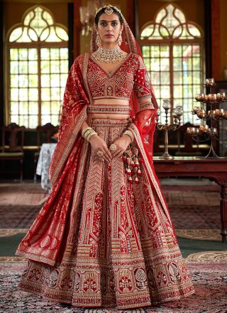 Red Silk Embroidered, Pearls, Sequins, Thread, Weaving and Zari Work A - Line Lehenga Choli for Ceremonial