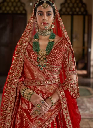 Red Silk Embroidered, Pearls, Sequins, Thread, Weaving and Zari Work Lehenga Choli for Ceremonial
